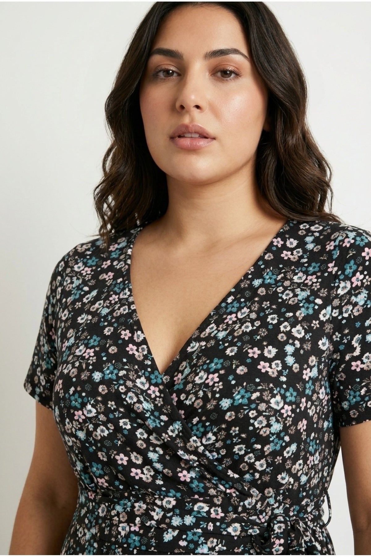 Plus Size V-neck Short Sleeve Belted Waist Floral Print Maxi Dress