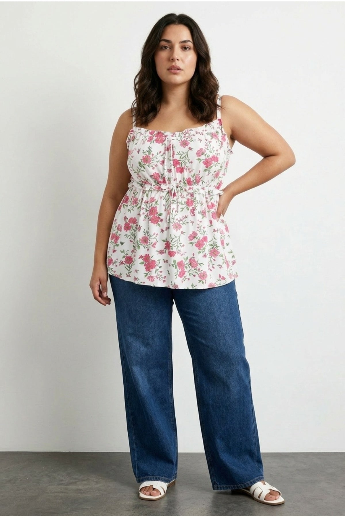 Plus Size Square Neck Strappy Floral Patterned T-shirt with String Detail