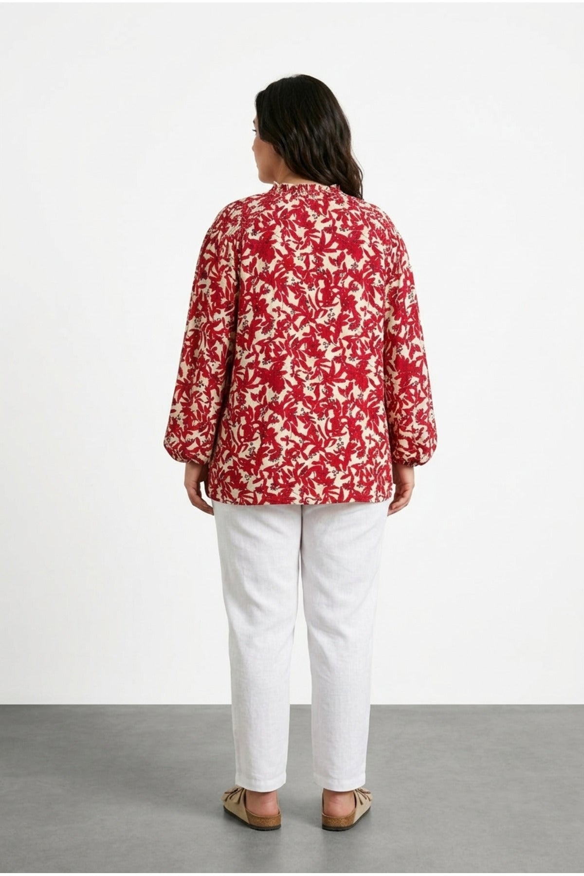 Plus Size Ruched Neck Long Sleeve Patterned Blouse
