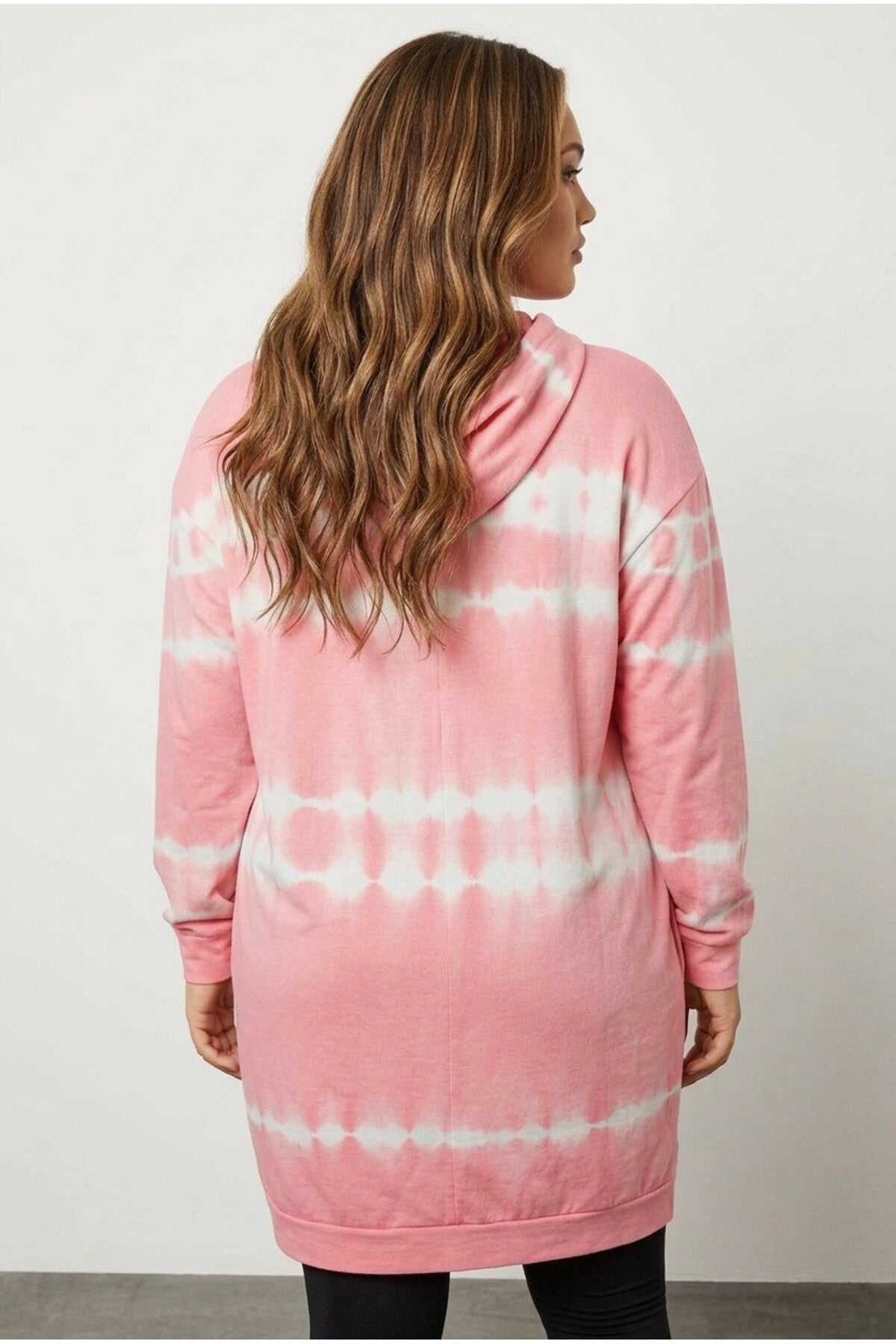 Plus Size Batik Patterned Longline Pocketed Hooded Sweatshirt