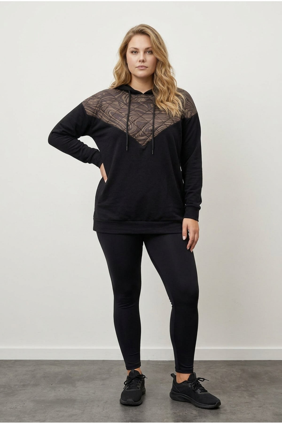 Plus Size Long Sleeve Hooded Sweatshirt with Quilted Detail