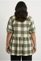 Plus Size Short Sleeve V-Neck Peplum Elasticated Waist Plaid T-shirt
