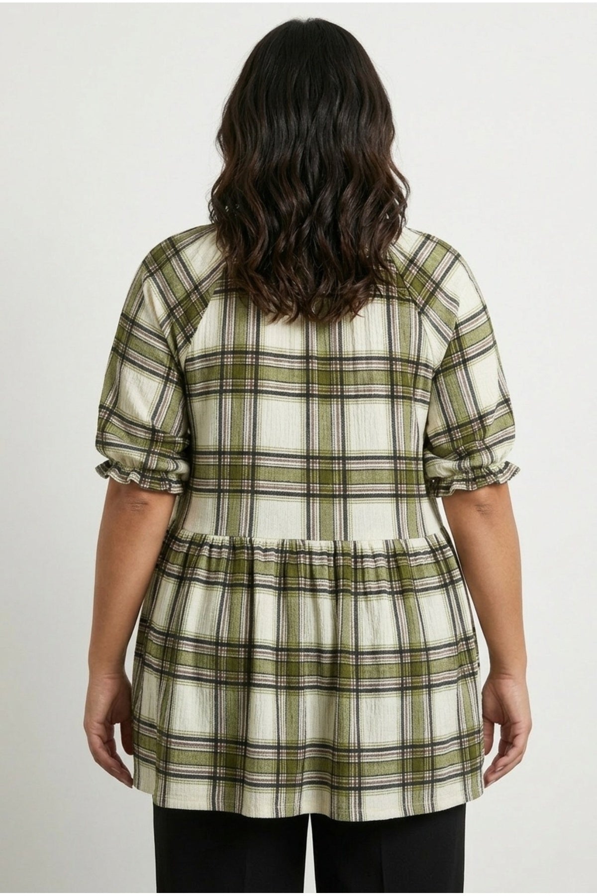 Plus Size Short Sleeve V-Neck Peplum Elasticated Waist Plaid T-shirt