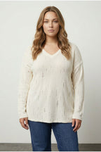 Plus Size Ecru Knit Sweater with Distressed Details