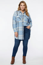 Plus Size Buttoned Pocketed Blue Flannel Shirt