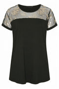 Plus Size Crew Neck Short Sleeve Sheer Neck Blouse