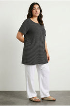 Plus Size Crew Neck Short Sleeve Shoulder Stud Detail Stretchy Fabric Striped Long T-shirt
