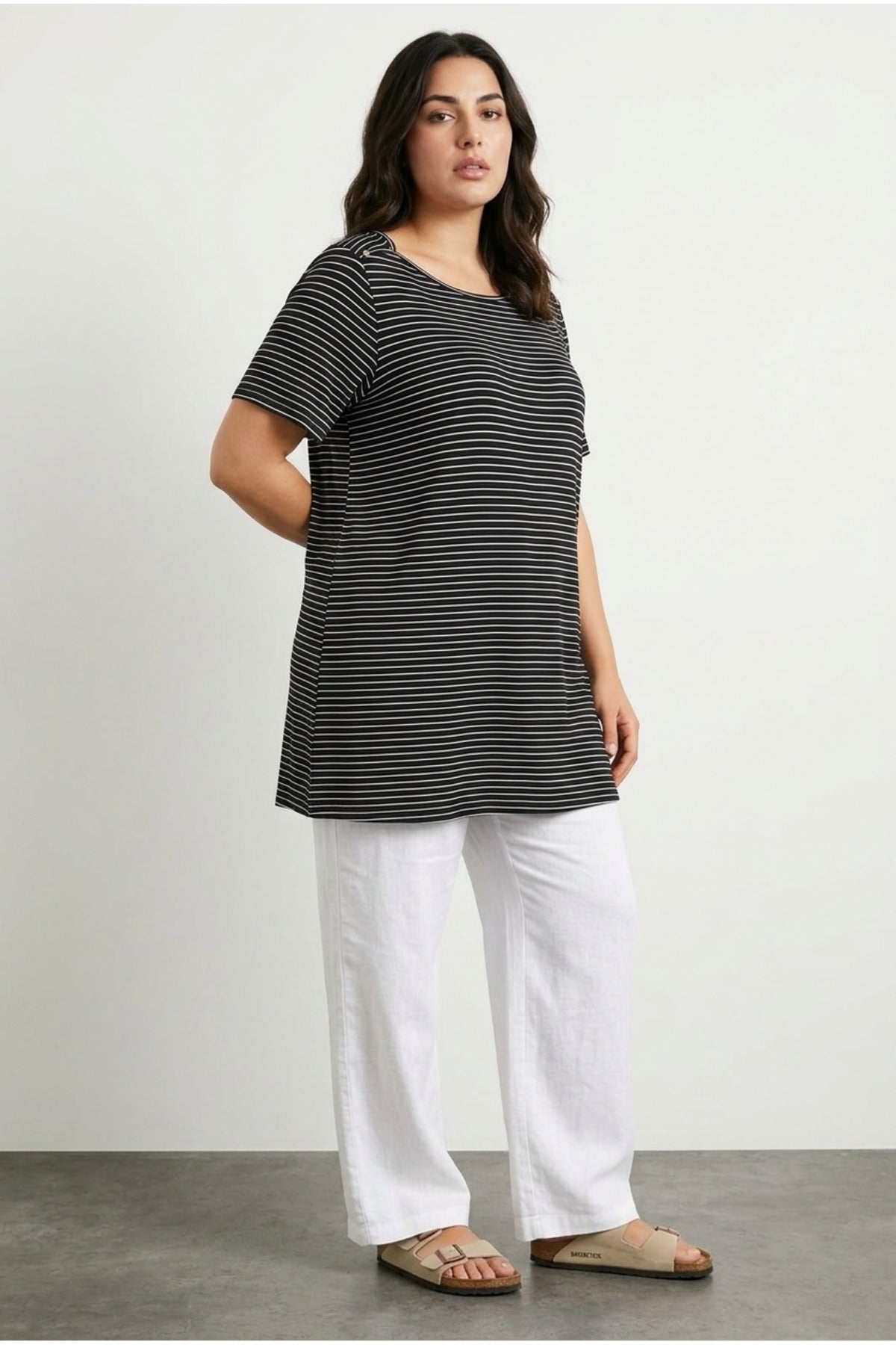 Plus Size Crew Neck Short Sleeve Shoulder Stud Detail Stretchy Fabric Striped Long T-shirt