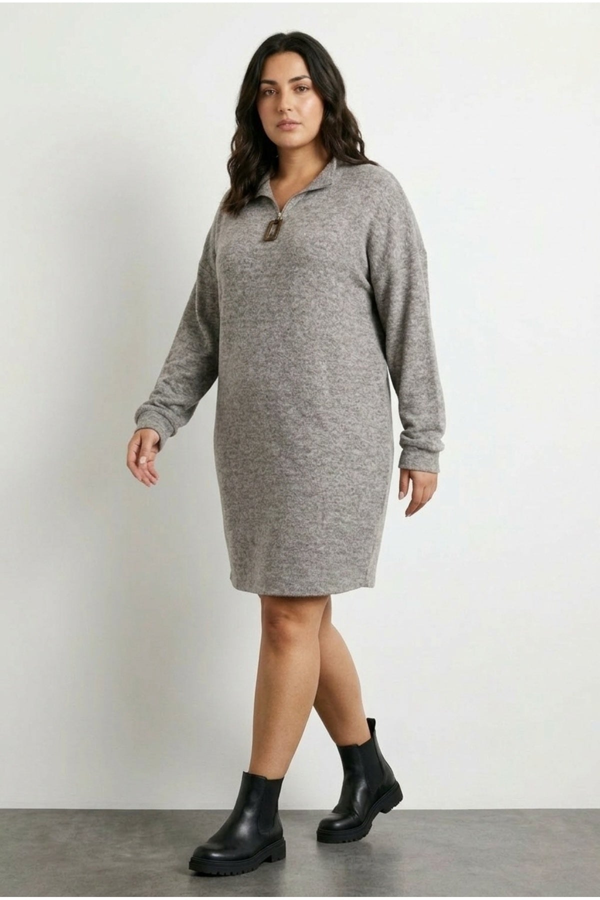 Plus Size V-Neck Long Sleeve Plush Fabric Midi Dress