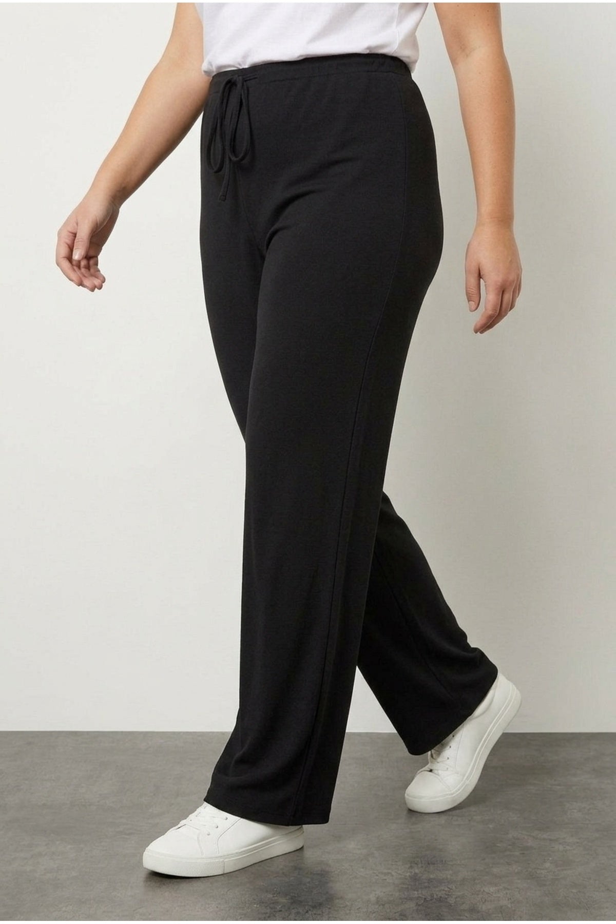 Elasticated Waist and Drawstring Pocketless Wide Leg Trousers