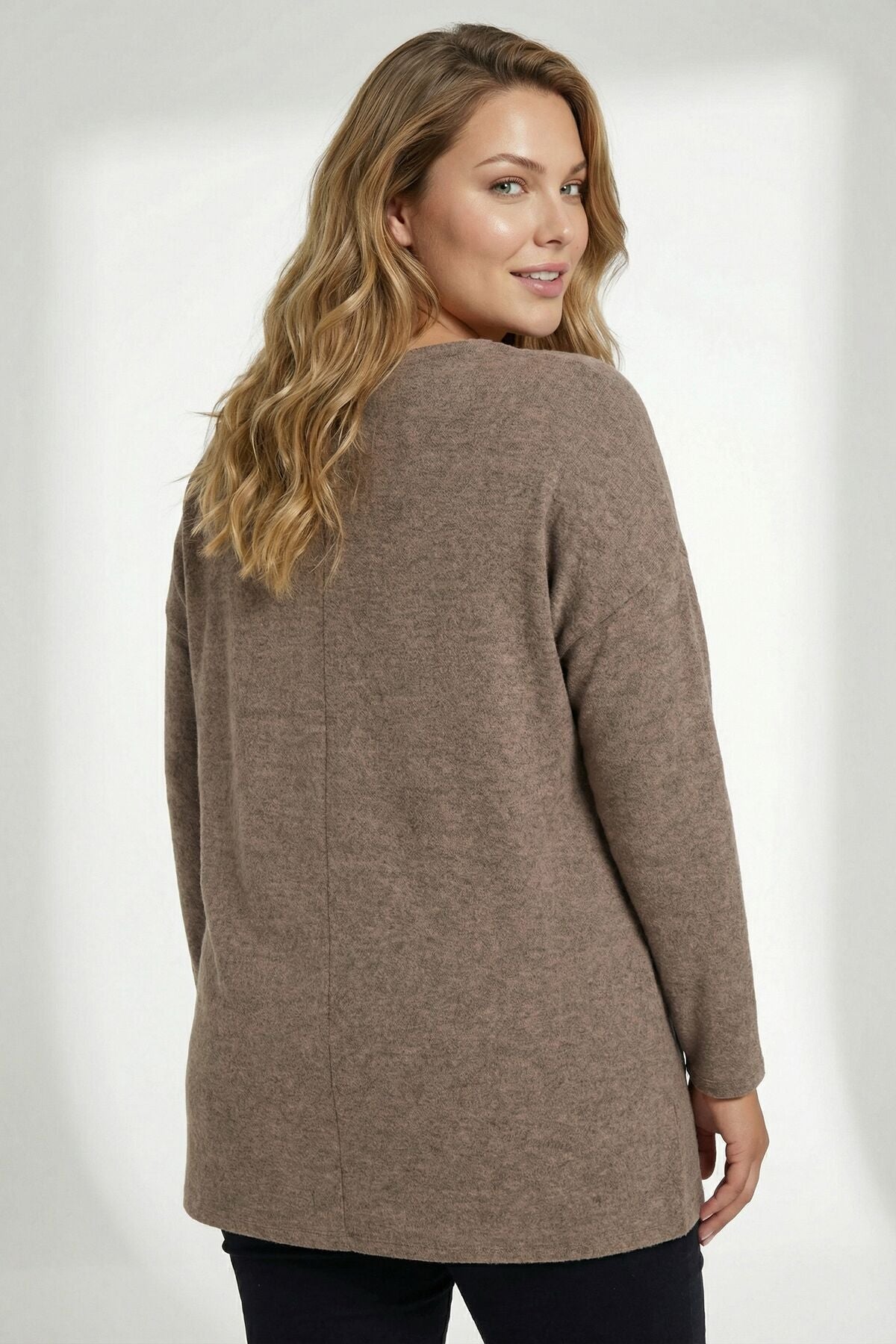Plus Size Leopard Stone Embellished Coffee Fluffy Sweater