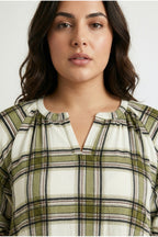 Plus Size Short Sleeve V-Neck Peplum Elasticated Waist Plaid T-shirt