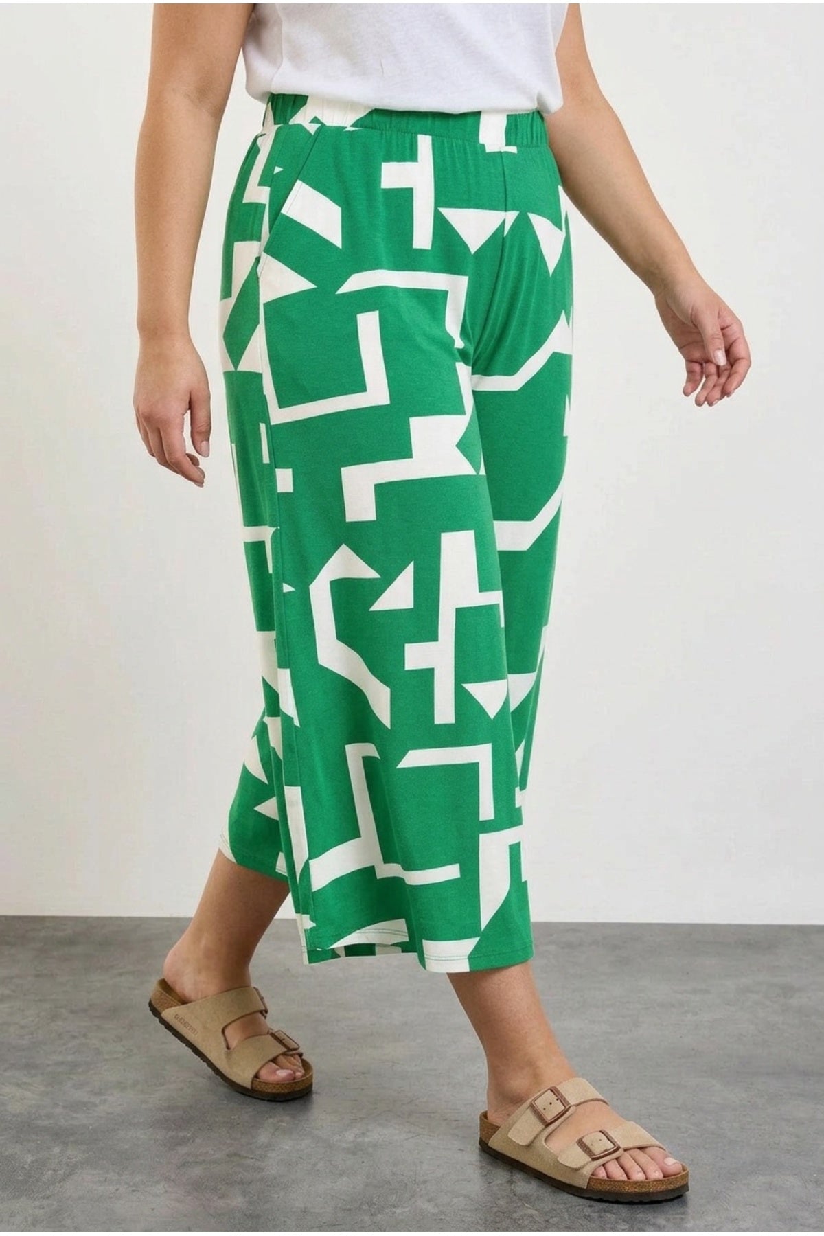 Plus Size High Waist Elasticated With Pockets Wide Leg Capri Pants