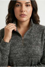 Plus Size Grey Fluffy Textured Zippered Dress
