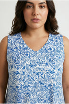 Plus Size V-Neck Pleated Front Sleeveless Floral Print T-shirt