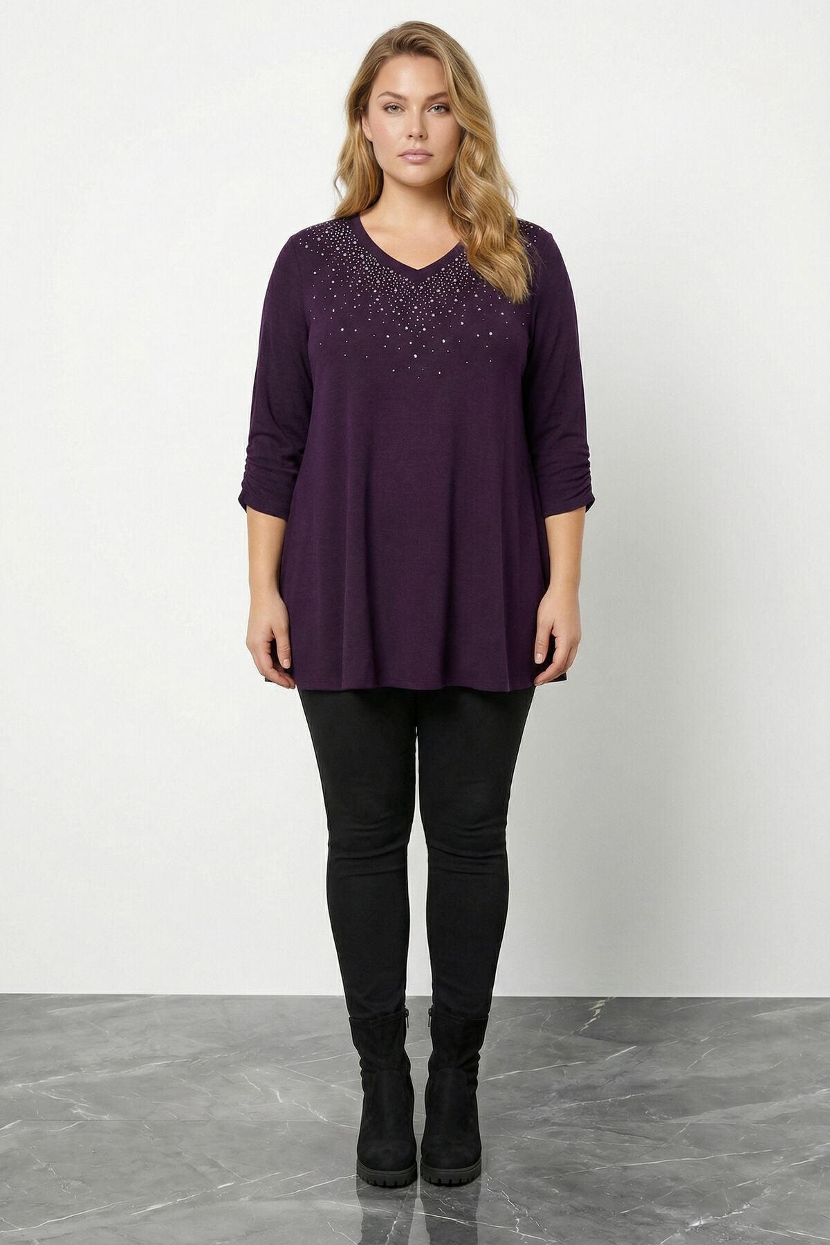 Plus Size Stone Embellished Shirred Sleeve Purple Plush Blouse