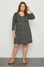 Plus Size V-Neck Floral Print Long Sleeve Short Dress