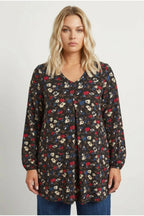Plus Size Long Sleeve V-Neck Pleated Front Floral Print Blouse