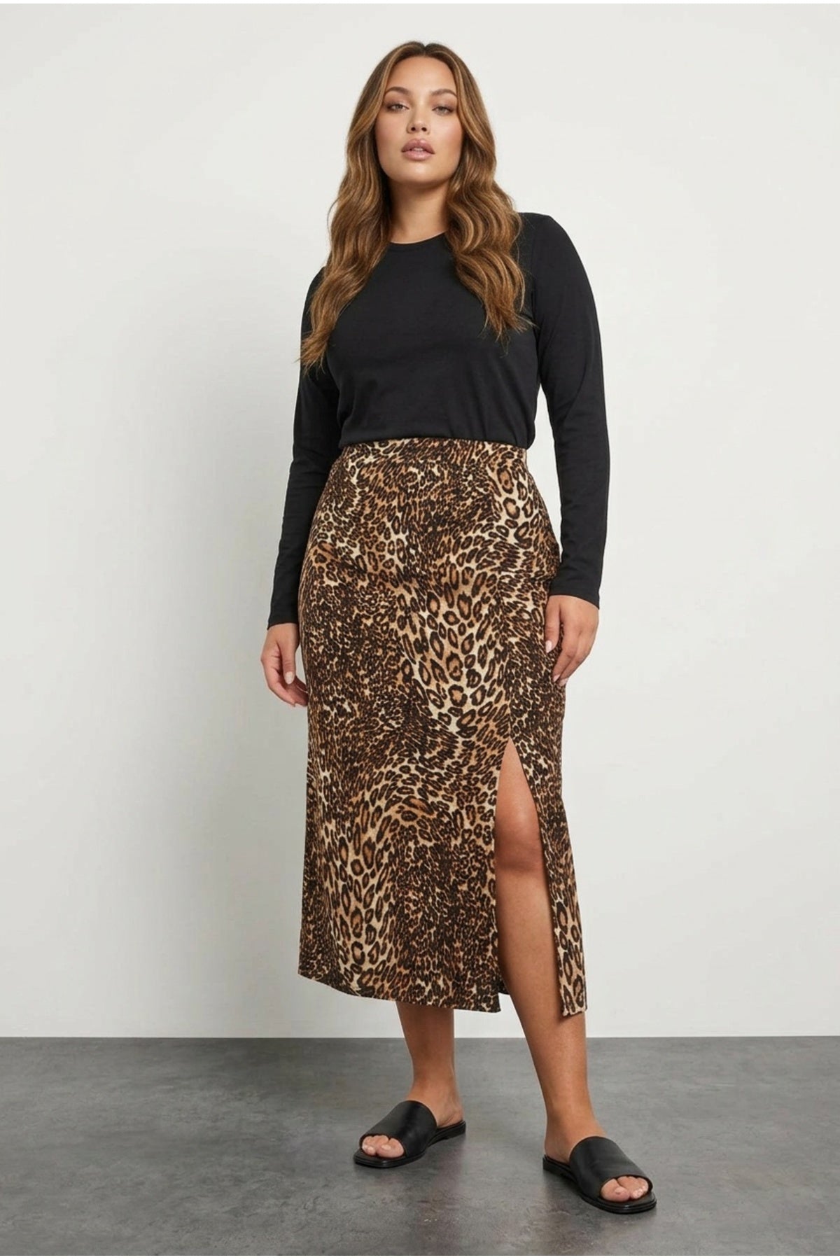 Plus Size Elastic Waist Slit Leopard Print Midi Length Skirt
