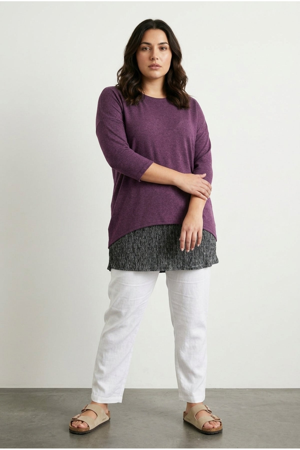 Plus Size Long Sleeve Thin Blouse with Tulle Detail on the Hem