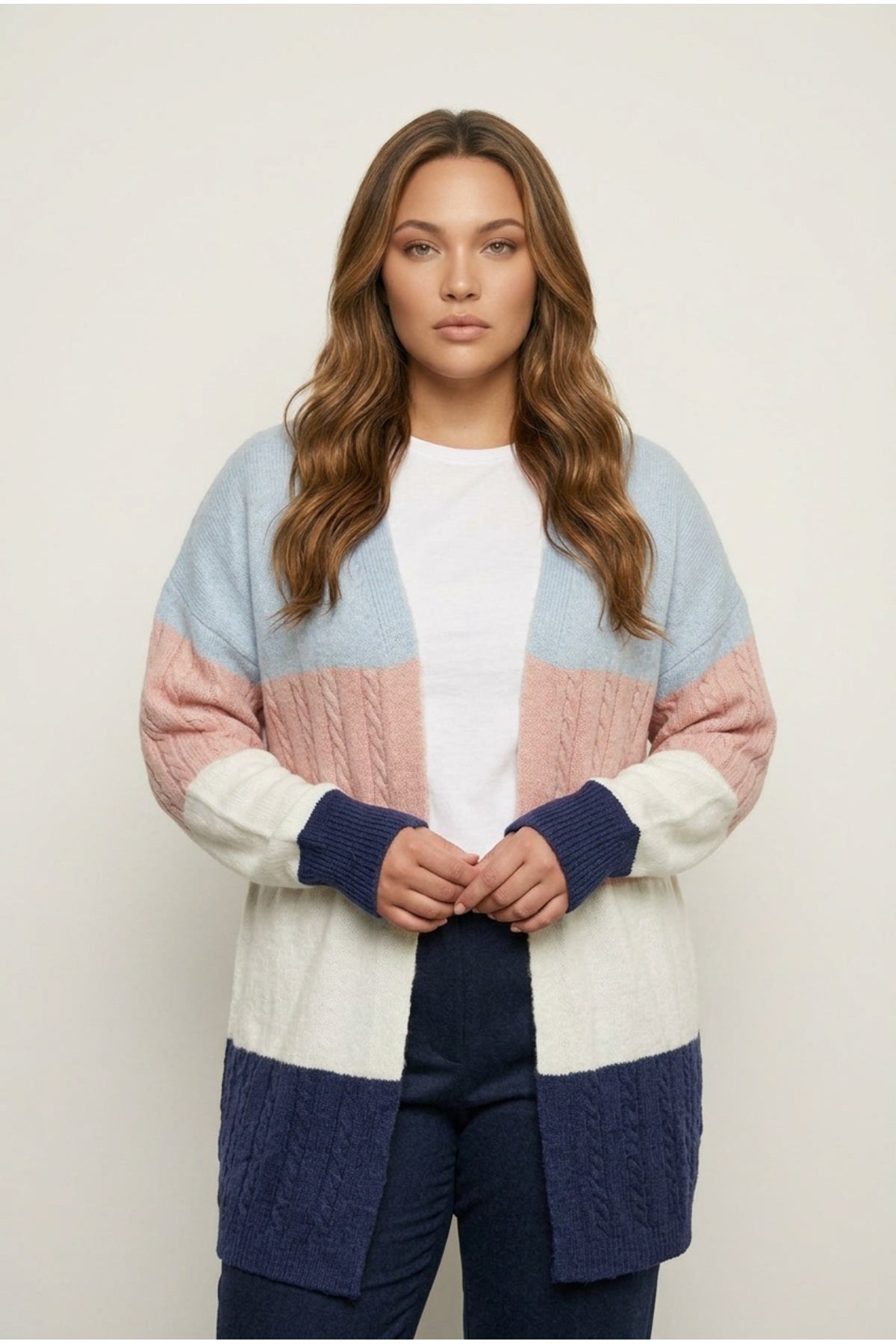 Plus Size Long Sleeve Open Front Color Block Knit Cardigan