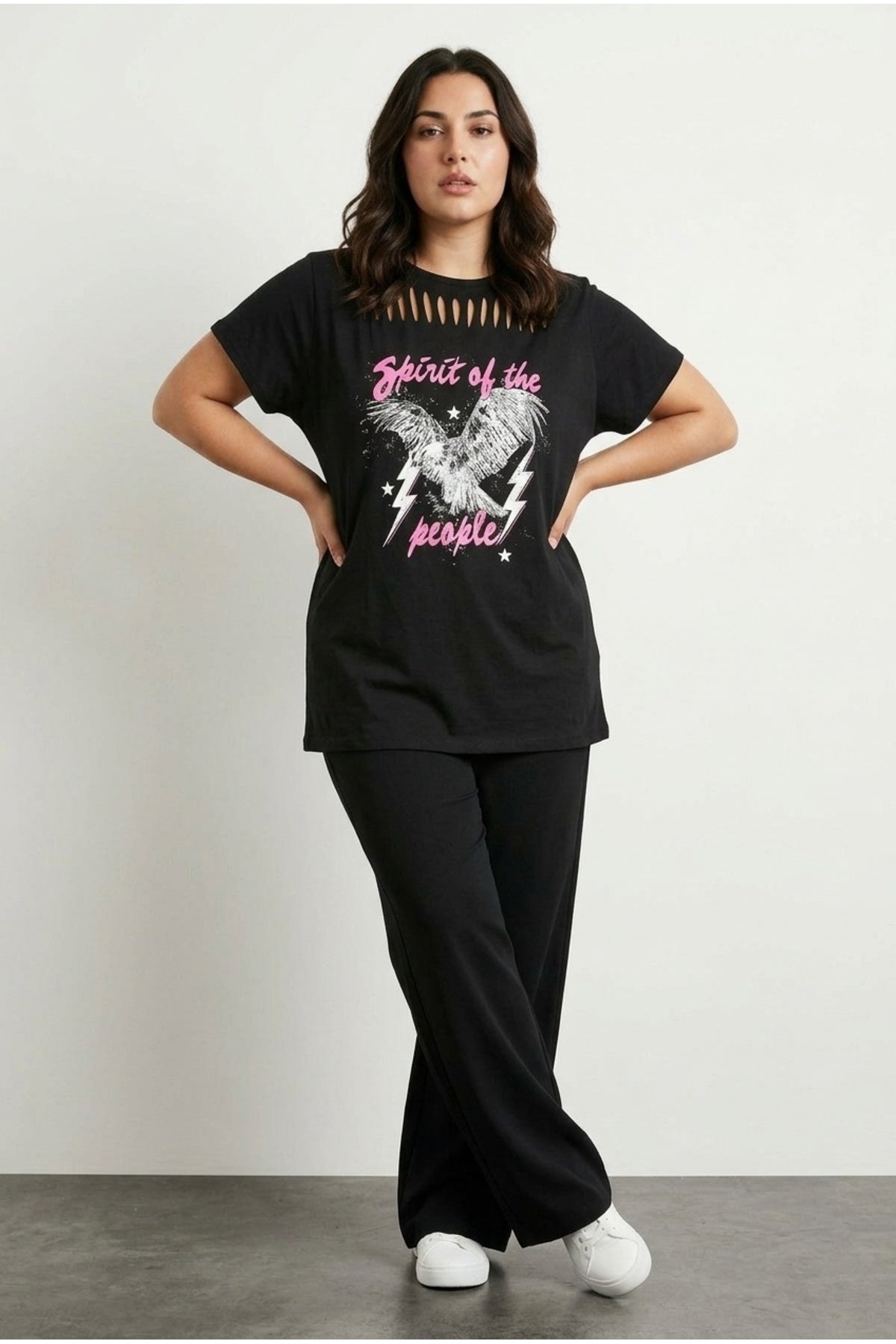 Plus Size Crew Neck Cut-Out Detailed Printed Short Sleeve T-shirt