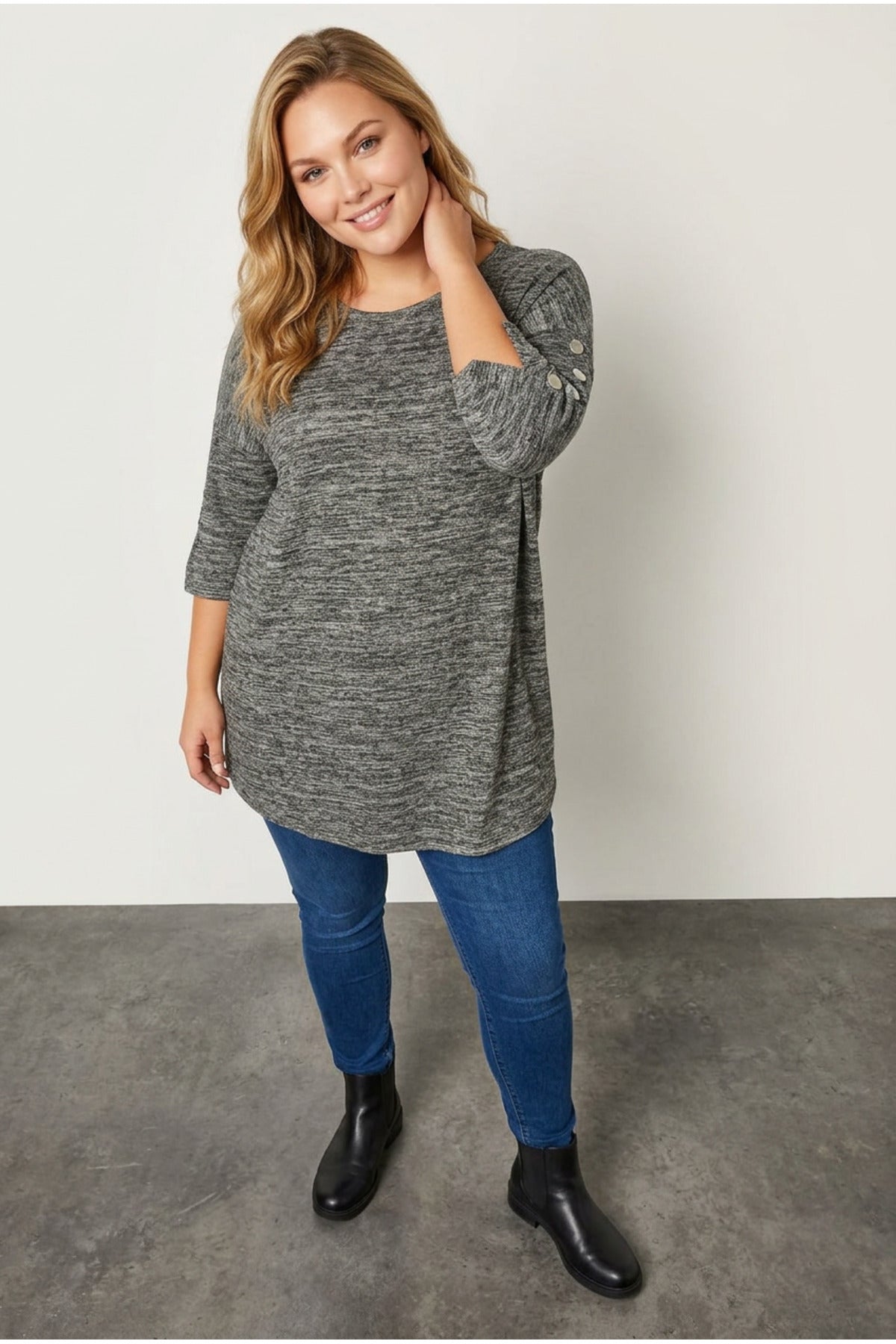 Plus Size Half Sleeve Button Detailed Soft Textured Sweater