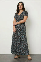 Plus Size V-neck Short Sleeve Belted Waist Floral Print Maxi Dress