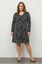 Plus Size V-Neck Long Sleeve Patterned Midi Length Dress
