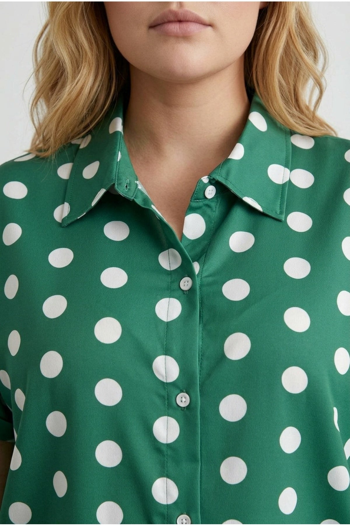 Plus Size Button-Front Short Sleeve Polka Dot Patterned Shirt