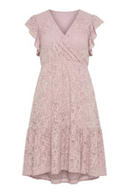 Plus Size V-Neck Short Sleeve Lace Detailed Ruffled Sleeve Lined Mini Dress
