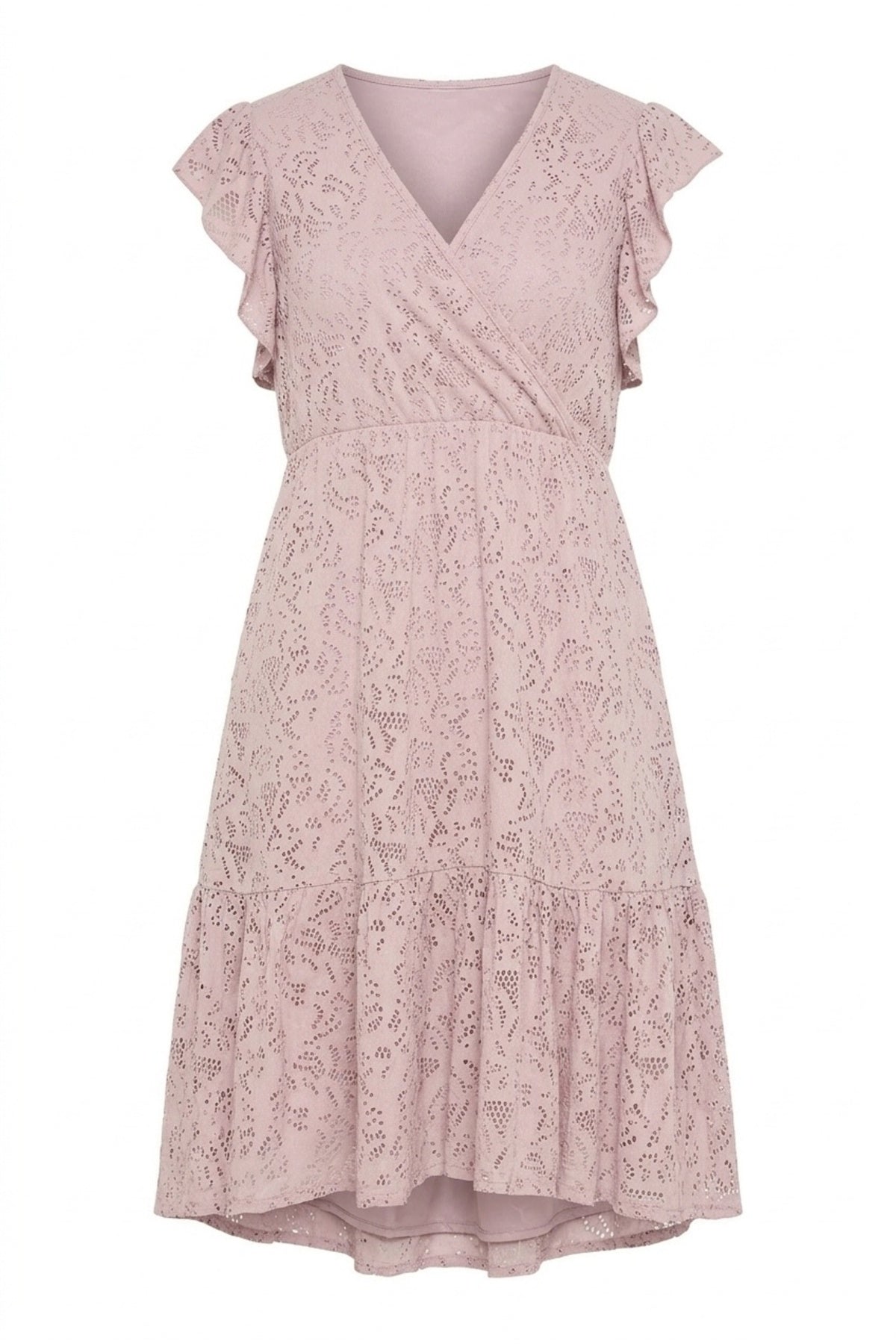 Plus Size V-Neck Short Sleeve Lace Detailed Ruffled Sleeve Lined Mini Dress