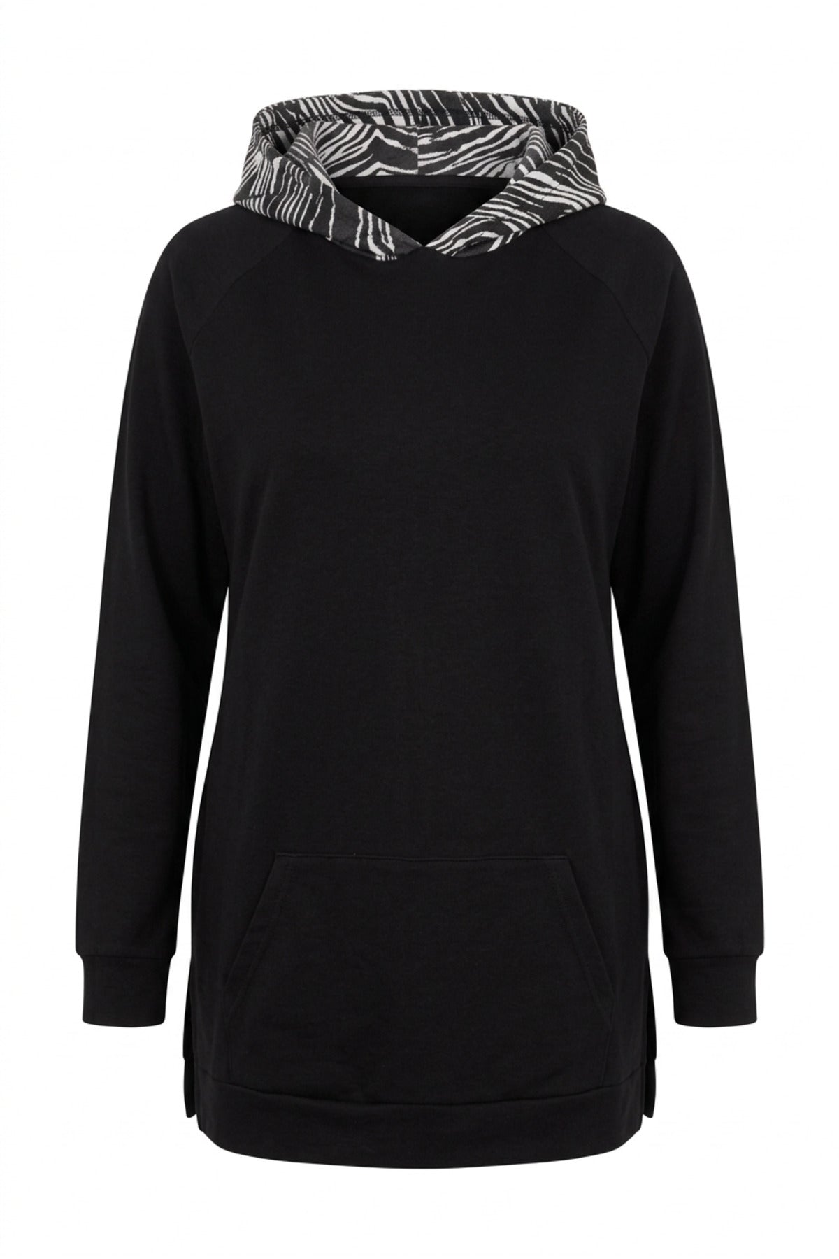 Plus Size Long Sleeve Hooded Kangaroo Pocket Side Slit Sweatshirt