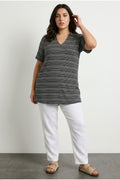 Plus Size V-Neck Short Sleeve Stretchy Fabric Striped Long T-shirt