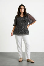 Plus Size V-Neck Patterned Blouse with Tulle Detailed Sleeves