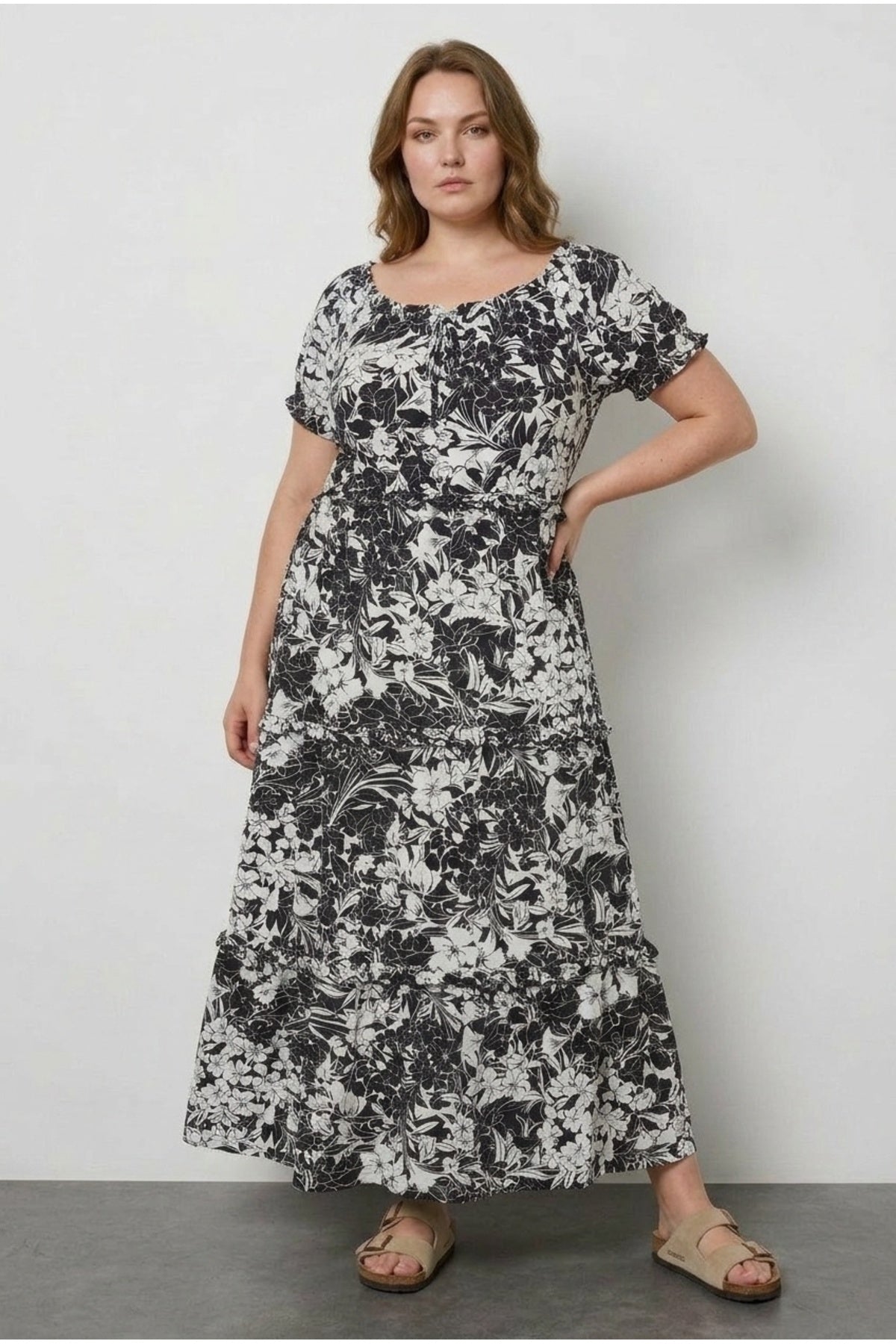 Plus Size Shirred Neck Elasticated Waist Long Dress