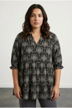 Plus Size Half Sleeve Notch Neck Patterned Blouse