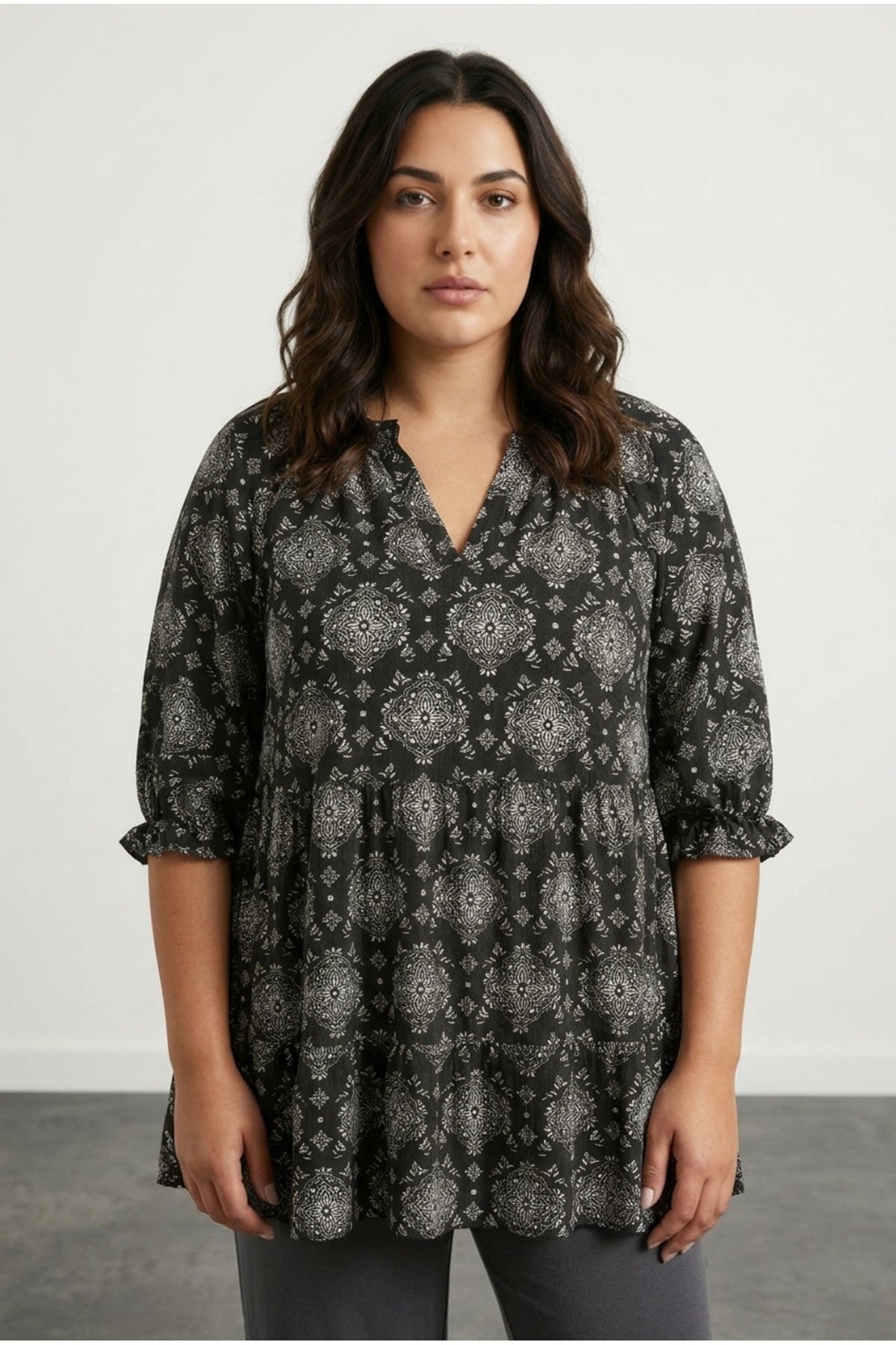 Plus Size Half Sleeve Notch Neck Patterned Blouse