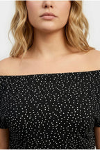 Plus Size Off-Shoulder Draped Sleeve Polka Dot Patterned Blouse