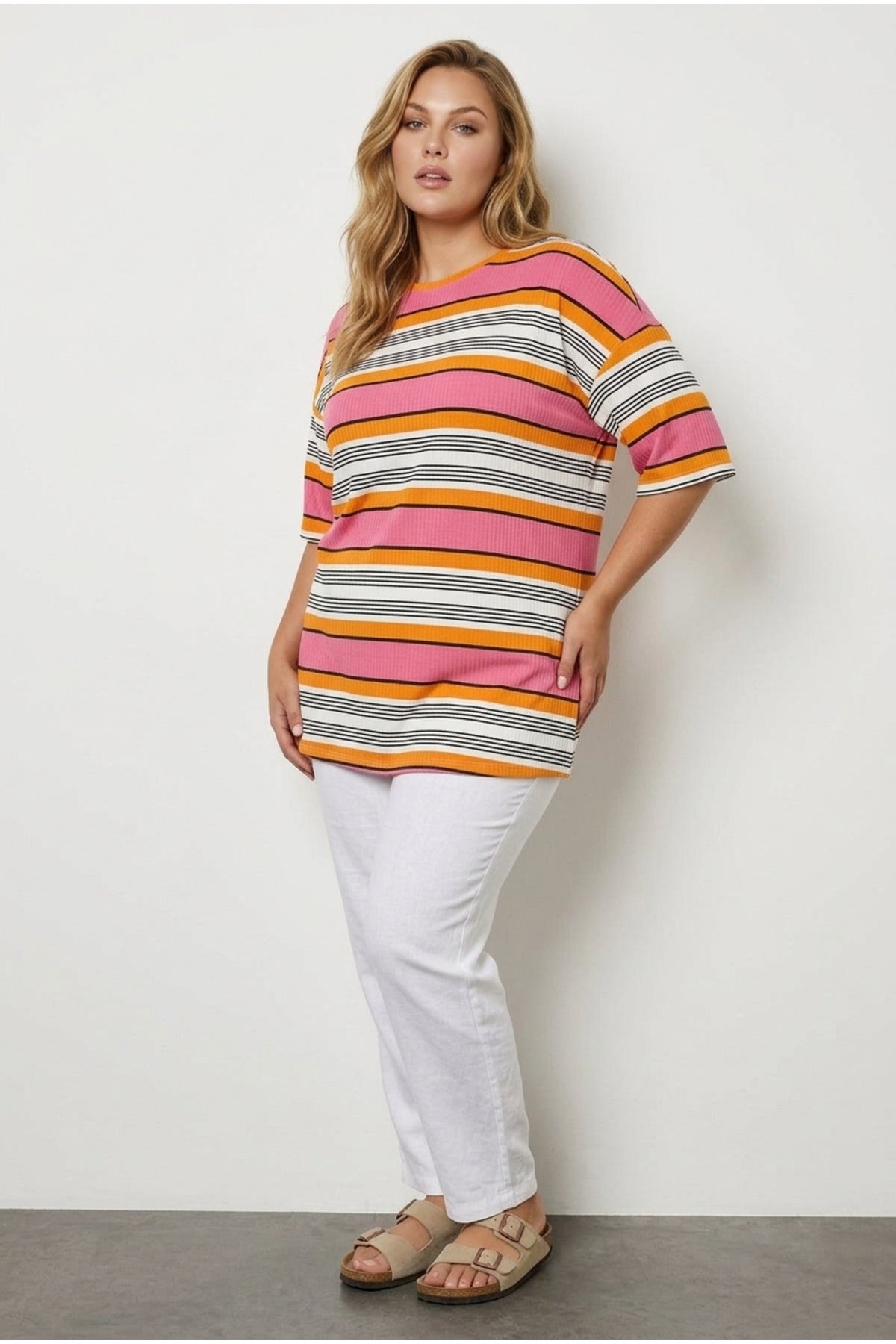 Plus Size Striped T-shirt with Slit Detail