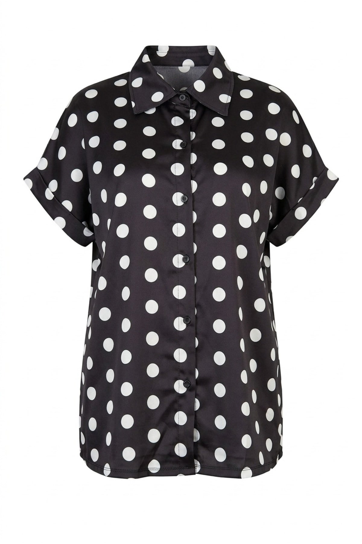 Plus Size Button-Front Short Sleeve Polka Dot Patterned Shirt