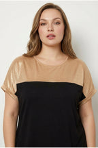 Plus Size Crew Neck Short Sleeve Shiny Stretchy Fabric T-shirt