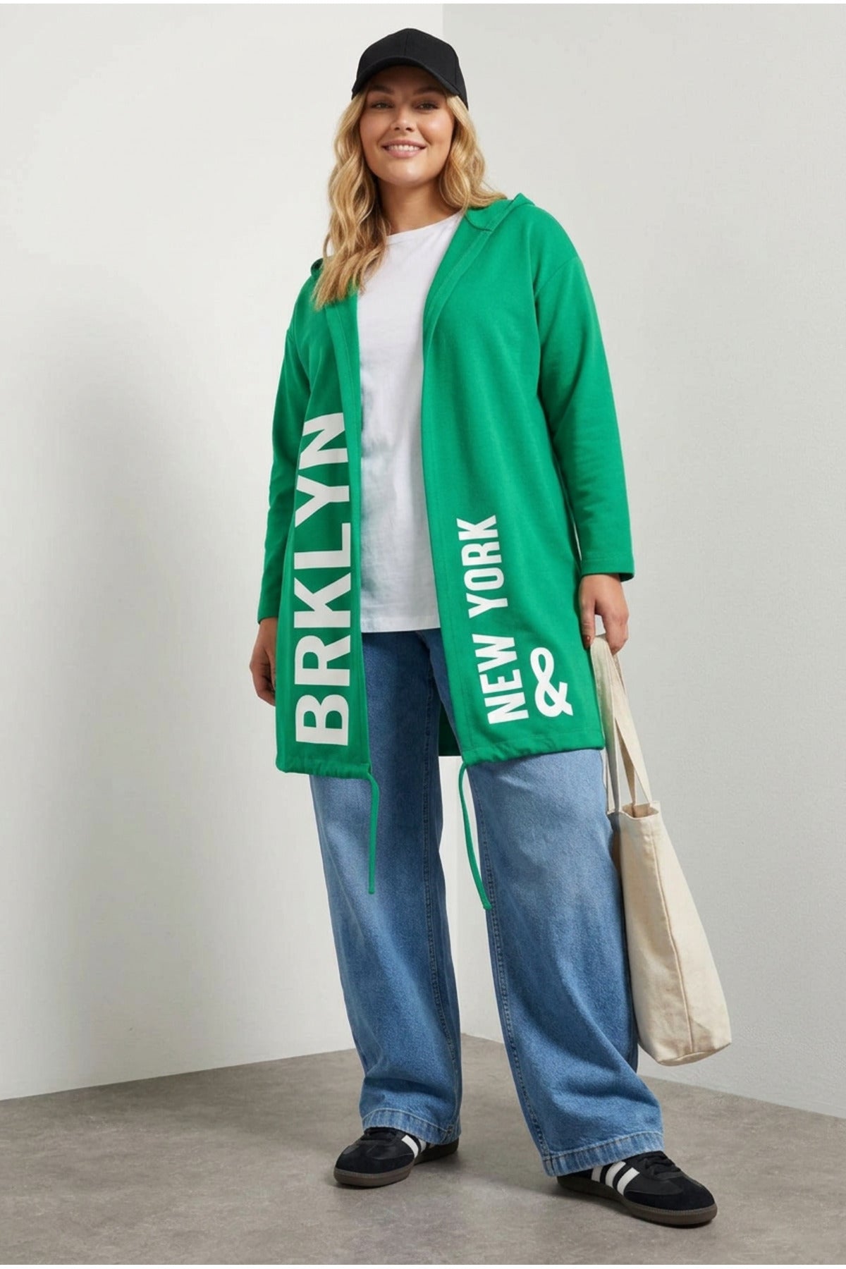 Plus Size Hooded Long Sleeve Text Print Pocketless Cardigan