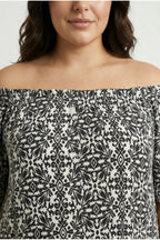 Plus Size Off-Shoulder Short Sleeve Button-Detailed Patterned Blouse