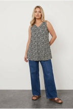 Plus Size V-Neck Sleeveless Patterned Blouse with Swing Hem