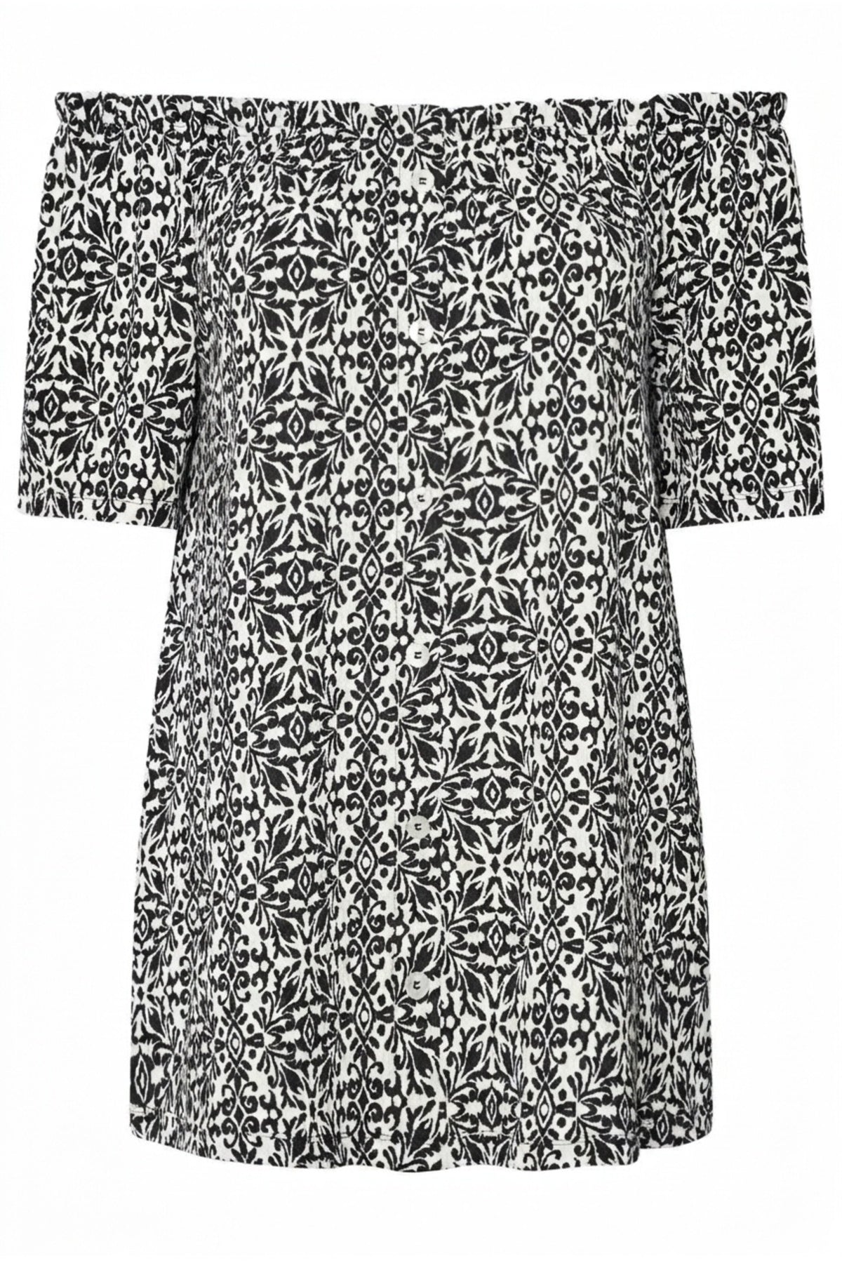 Plus Size Off-Shoulder Short Sleeve Button-Detailed Patterned Blouse
