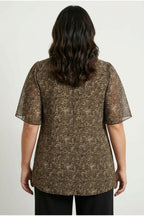 Plus Size V-Neck Blouse with Tulle Detail Sleeves and Leopard Print