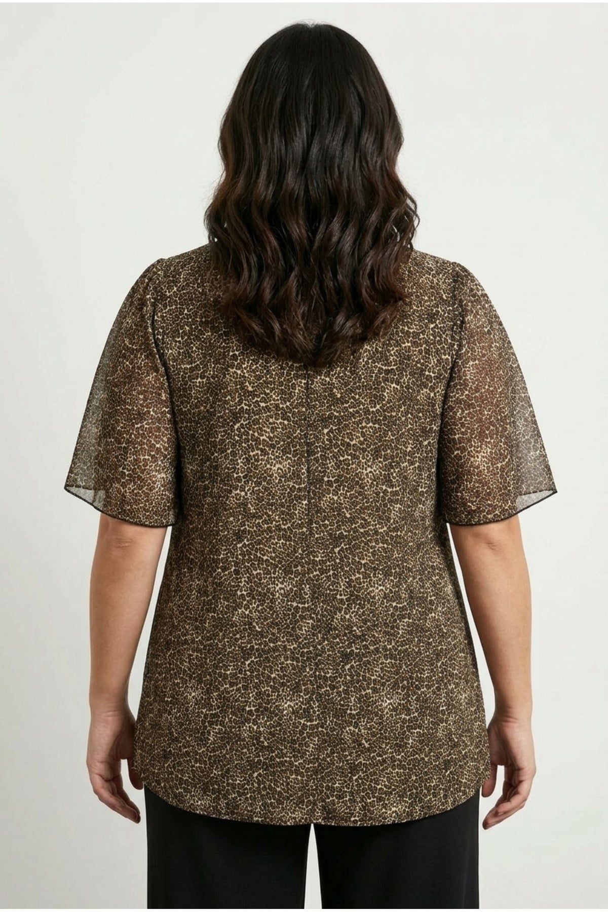 Plus Size V-Neck Blouse with Tulle Detail Sleeves and Leopard Print