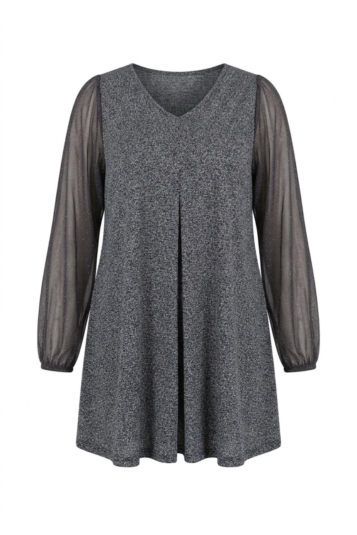 Plus Size Long Tulle Sleeve V-Neck Blouse with Elasticated Cuffs and Glitter Detail