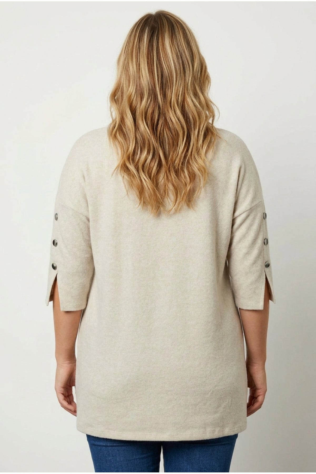 Plus Size 3/4 Sleeve Button Detail Soft Textured Sweater